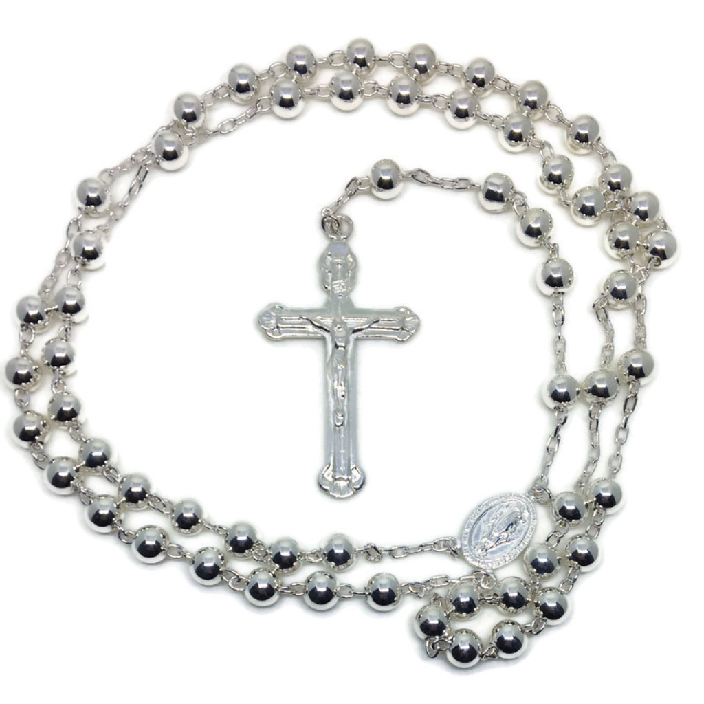 Beads And Cross Anti-Tarnish Silver Rosary